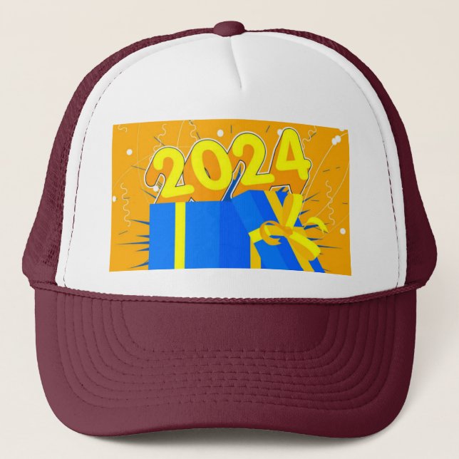 Celebrate year 2024 with Gift Box White and Maroon Trucker Hat (Front)