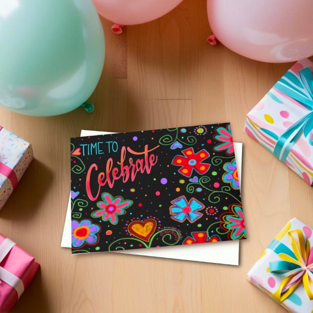 Celebrate You Black Floral Trendy Birthday  Card (Creator Uploaded)