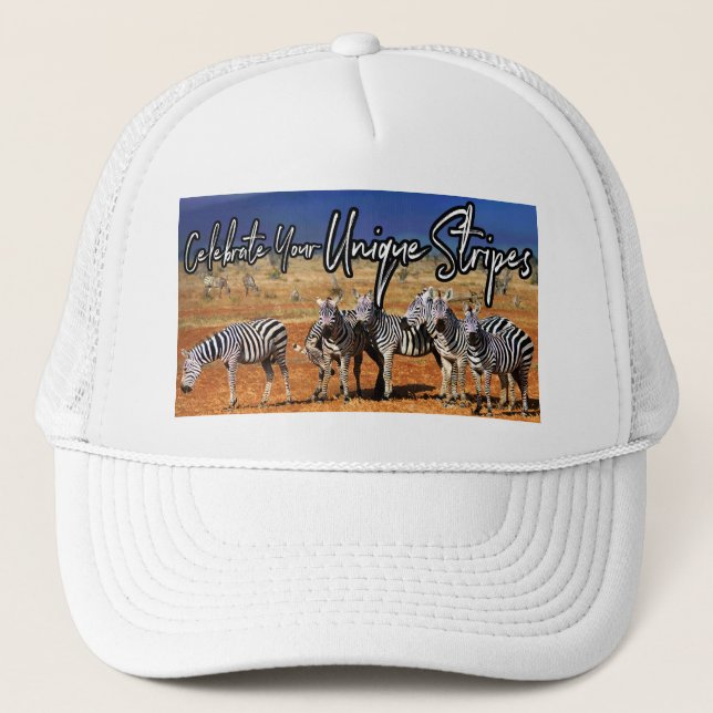 "Celebrate Your Unique Stripes" Zebra Art Trucker Hat (Front)