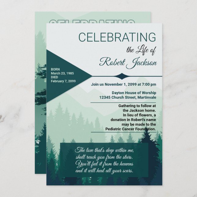 Celebrating a Life Green Forest Pines Service Invitation (Front/Back)
