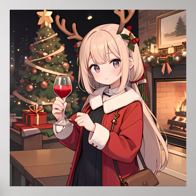 Celebrating Christmas with a glass of wine Poster (Front)