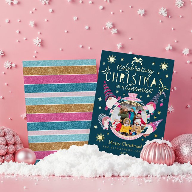 Celebrating Christmas With My Gnomies Family Photo (Celebrating Christmas With My Gnomies Family Photo Foil Holiday Card)