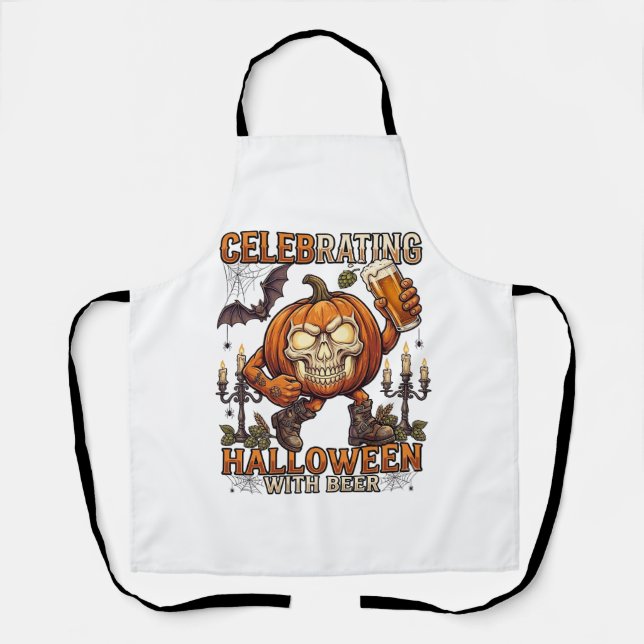 Celebrating Halloween Beer Skull Pumpkin Bat Candl Apron (Front)