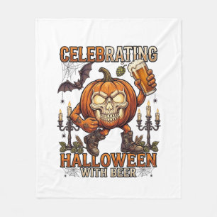 Celebrating Halloween Beer Skull Pumpkin Bat Candl Fleece Blanket