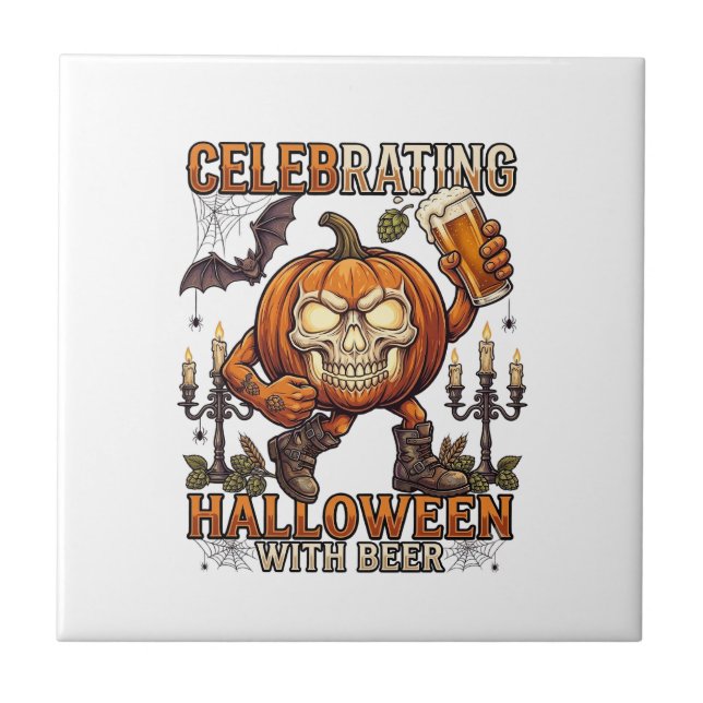 Celebrating Halloween Beer Skull Pumpkin Bat Candl Tile (Front)