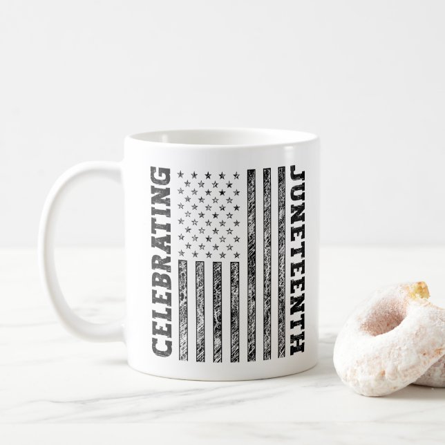 Celebrating Juneteenth Distressed American Flag Coffee Mug (With Donut)