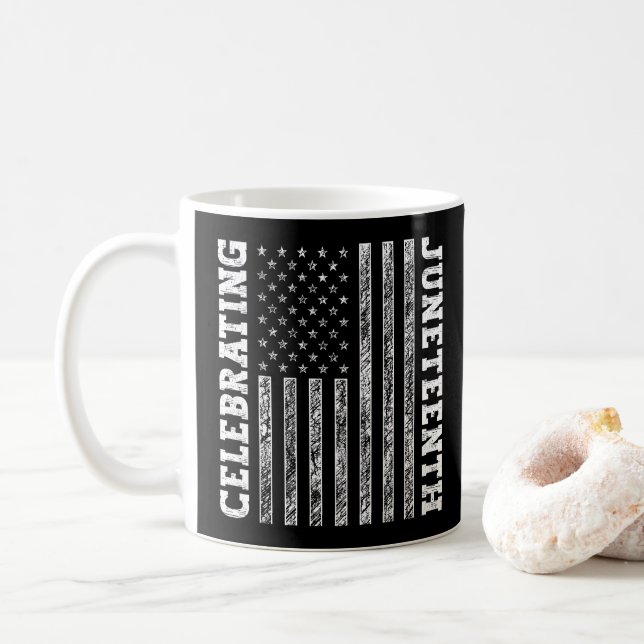 Celebrating Juneteenth Vintage American Flag Cool Coffee Mug (With Donut)