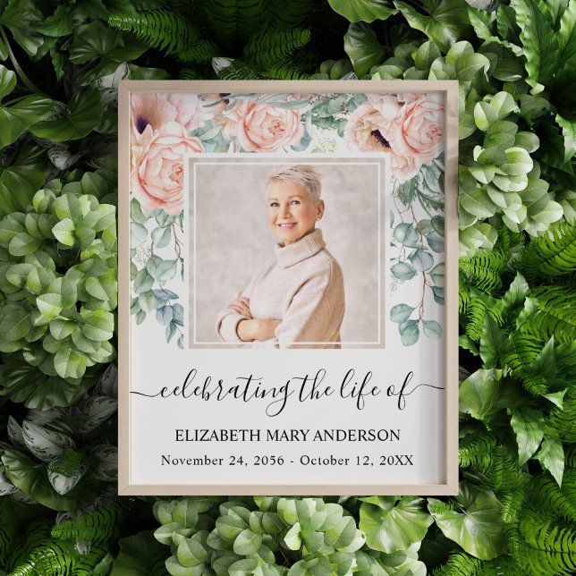 Celebrating Life Photo Blush Pink Peony Memorial Print (Blush pink floral watercolor celebration of life poster with a photo of your loved one.)