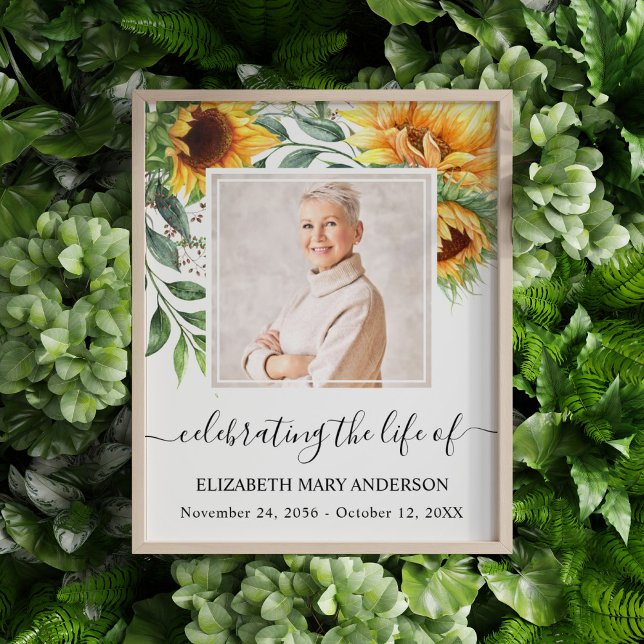 Celebrating Life Photo Sunflower Memorial Print (Sunflower floral watercolor celebration of life poster with a photo of your loved one.)