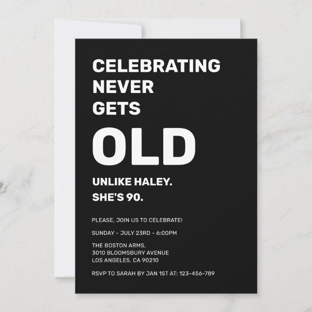 Celebrating Never Gets Old Funny 90th Birthday Invitation (Front)