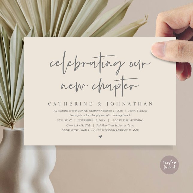 Celebrating Our New Chapter, Elopement Brunch Invitation (Celebrating Our New Chapter, Wedding Elopement Brunch Invitation Card, PDF, in Dark Grey Cream)