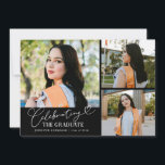 Celebrating the Graduate Black Multi Photo Announcement<br><div class="desc">Modern and whimsical graduation announcement photo card featuring 3 photos on the front and 1 on the back. The text says "celebrating the graduate" in script font. Add the graduate's name,  information,  and message to personalize this card. Black.</div>