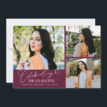 Celebrating the Graduate Cranberry Multi Photo Announcement<br><div class="desc">Modern and whimsical graduation announcement photo card featuring 3 photos on the front and 1 on the back. The text says "celebrating the graduate" in script font. Add the graduate's name,  information,  and message to personalize this card. Cranberry.</div>