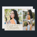 Celebrating the Graduate Cream Multi Photo Announcement<br><div class="desc">Modern and whimsical graduation announcement photo card featuring 3 photos on the front and 1 on the back. The text says "celebrating the graduate" in script font. Add the graduate's name,  information,  and message to personalize this card. Cream.</div>