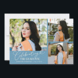 Celebrating the Graduate Denim Blue Multi Photo Announcement<br><div class="desc">Modern and whimsical graduation announcement photo card featuring 3 photos on the front and 1 on the back. The text says "celebrating the graduate" in script font. Add the graduate's name,  information,  and message to personalize this card. Denim blue.</div>