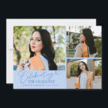 Celebrating the Graduate Icy Blue Multi Photo Announcement<br><div class="desc">Modern and whimsical graduation announcement photo card featuring 3 photos on the front and 1 on the back. The text says "celebrating the graduate" in script font. Add the graduate's name,  information,  and message to personalize this card. Icy blue.</div>