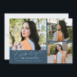 Celebrating the Graduate Navy Blue Multi Photo Announcement<br><div class="desc">Modern and whimsical graduation announcement photo card featuring 3 photos on the front and 1 on the back. The text says "celebrating the graduate" in script font. Add the graduate's name,  information,  and message to personalize this card. Navy blue.</div>