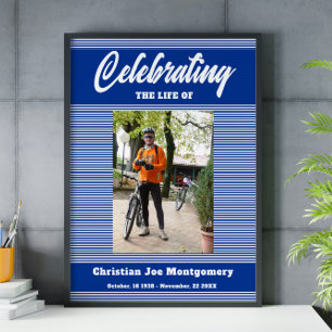 Celebrating the life  Photo Blue Stripes Funeral Poster