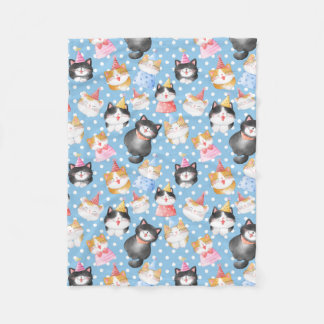 Celebration Cats on Blue Polka Dots Fleece Blanket