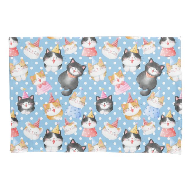Celebration Cats on Blue Polka Dots Pillowcase (Front)