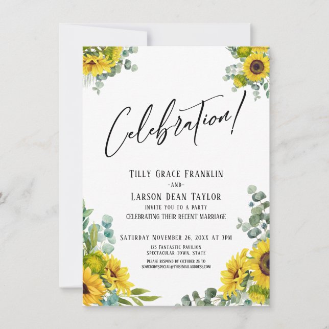 Celebration! Eucalyptus Sunflower Party Reception Invitation (Front)