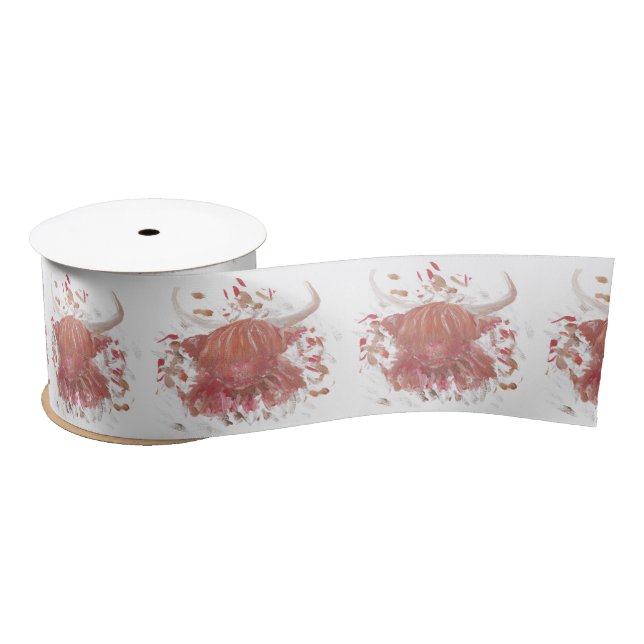 celebration happy highland cow painted  satin ribbon (Spool)