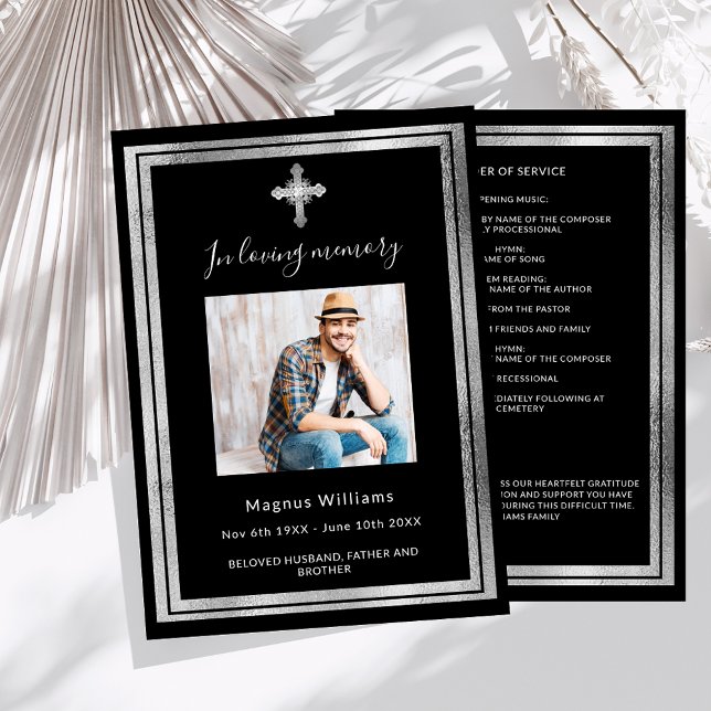Celebration life funeral black photo program invitation (Creator Uploaded)