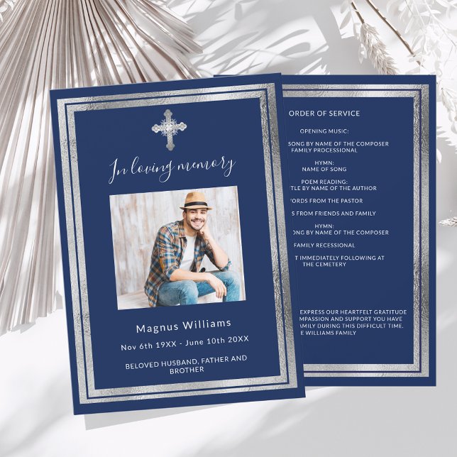 Celebration life funeral blue silver photo program invitation (Creator Uploaded)