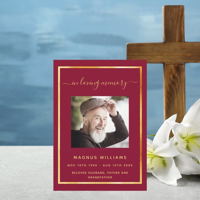 Celebration life funeral burgundy photo program invitation (Creator Uploaded)