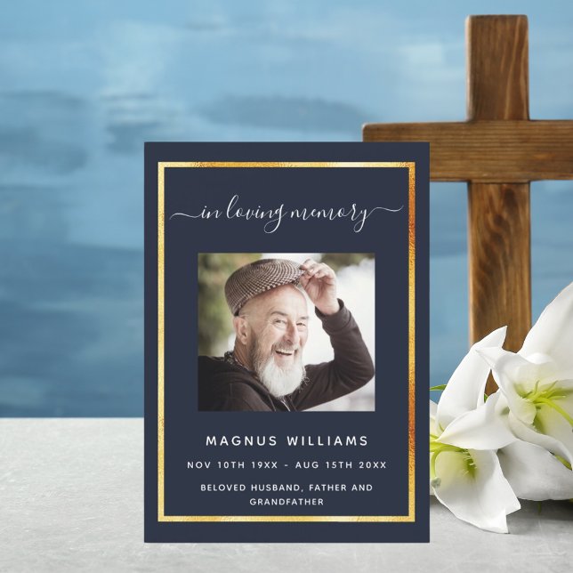 Celebration life funeral dark blue photo program invitation (Creator Uploaded)