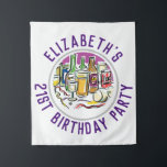 Celebration of Age 21st Birthday Tapestry<br><div class="desc">To celebrate a special birthday. Designed for someone who is 21 years of age. 21st birthday celebration. Birthday party drinks illustration is the centrepiece. Add the name and age. Birthday party wall hanging tapestry.</div>