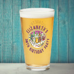 Celebration of Age 30th Birthday Glass<br><div class="desc">To celebrate a special birthday. Designed for someone who is 30 years of age. 30th birthday celebration. Birthday party drinks illustration is the centrepiece. Add the name and age. Birthday party souvenir glass.</div>