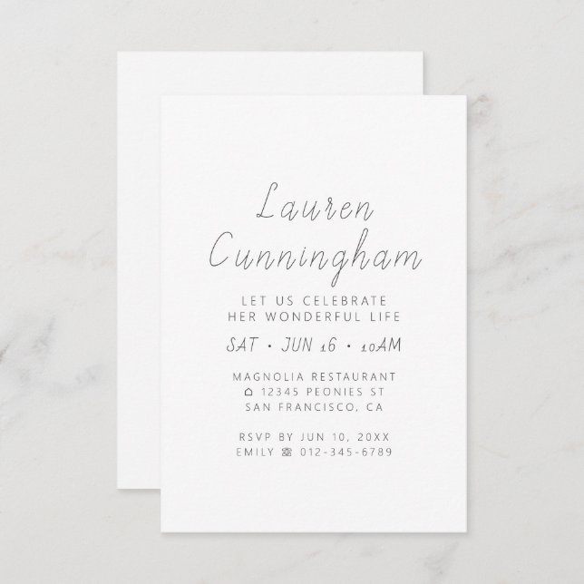 Celebration of Her Wonderful Life Modern Simple Invitation (Front/Back)