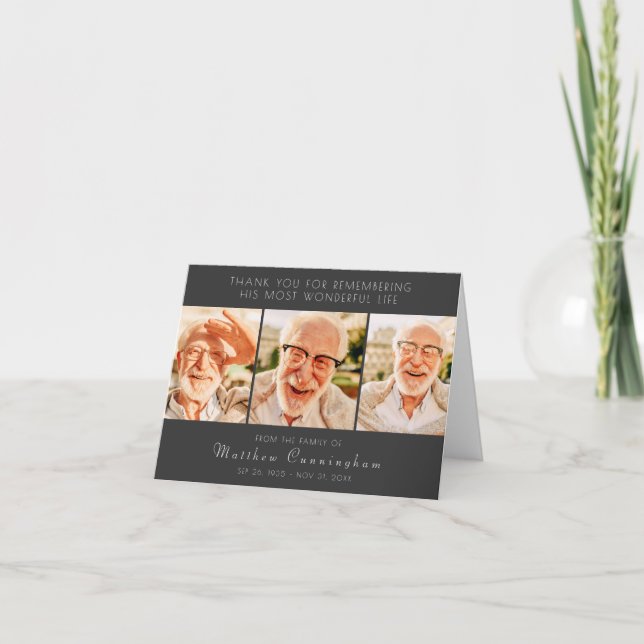 Celebration of His Life Modern Simple Three Photos Thank You Card (Front)