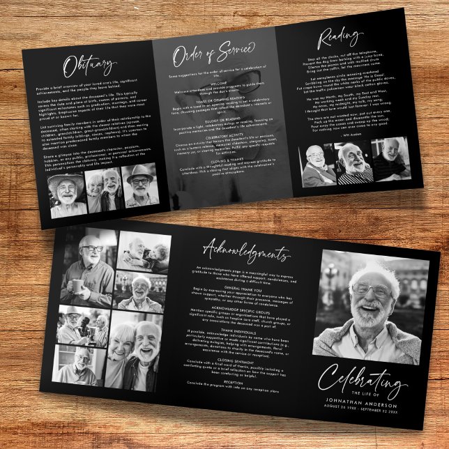 Celebration of Life 14-Photo Black & White Funeral Tri-Fold Programme (Creator Uploaded)