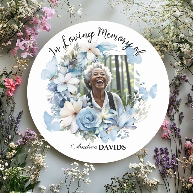 Celebration Of Life 1 Photo Garland Blue Floral  Classic Round Sticker (Creator Uploaded)