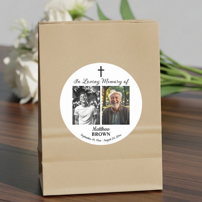 Celebration Of Life 2 Photos Funeral White Classic Round Sticker (Creator Uploaded)