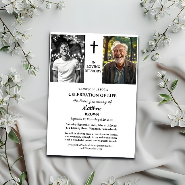 Celebration Of Life 2 Photos Funeral White Invitation (Creator Uploaded)