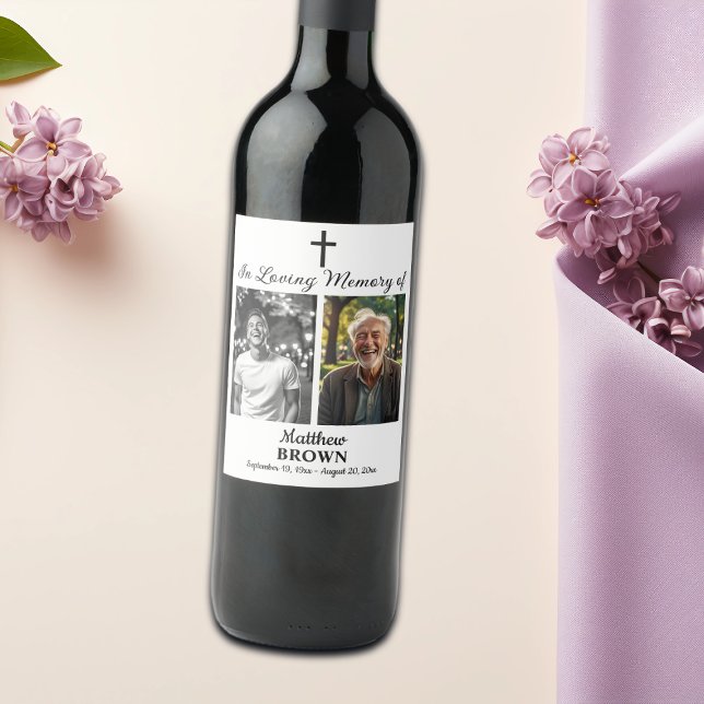 Celebration Of Life 2 Photos Funeral White Wine Label (Creator Uploaded)
