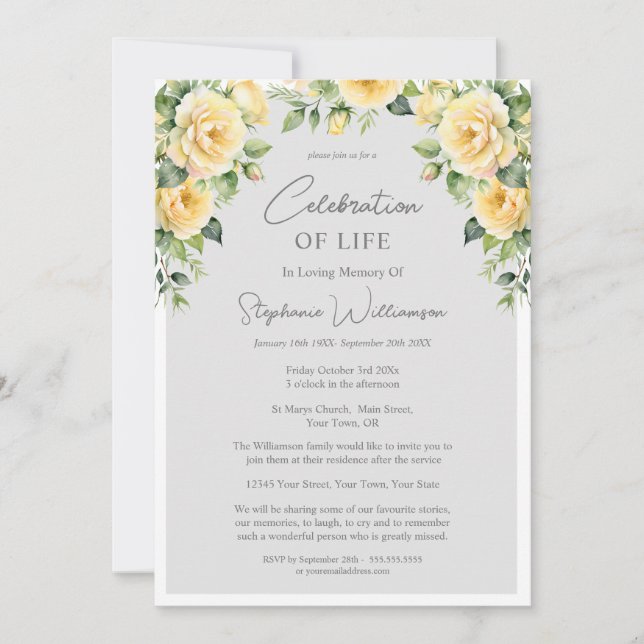 Celebration of Life 4 Photo Yellow Rose Funeral  Invitation (Front)