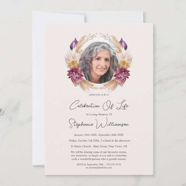 Celebration of Life 5 Photo Autumn Floral Funeral  Invitation (Front)