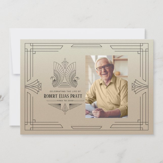Celebration of Life Art Deco Eagle Photo Masculine Invitation (Front)