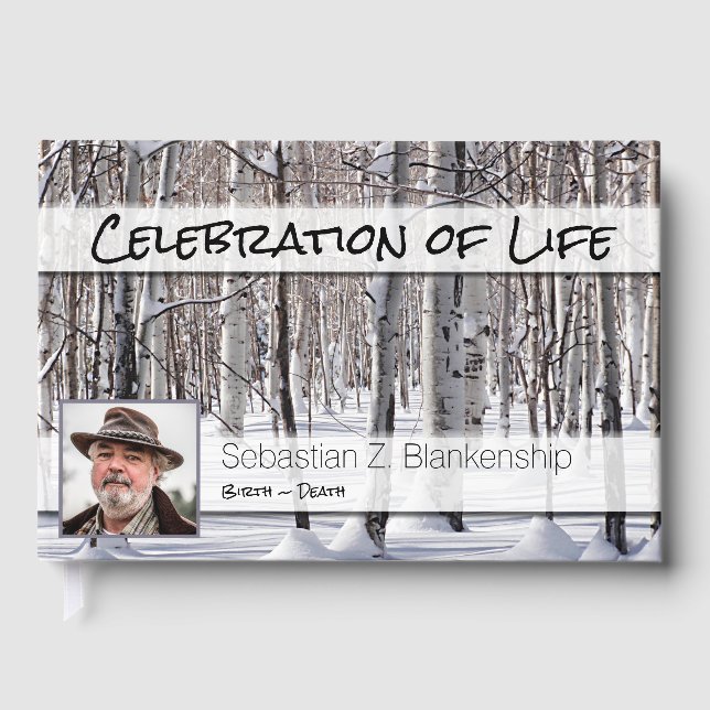Celebration of Life Aspens In Snow Custom Photo Guest Book (Front)