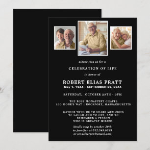Celebration of Life Black White 3 Photo Invitation