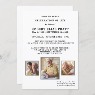 Celebration of Life Black White 3 Photo Invitation