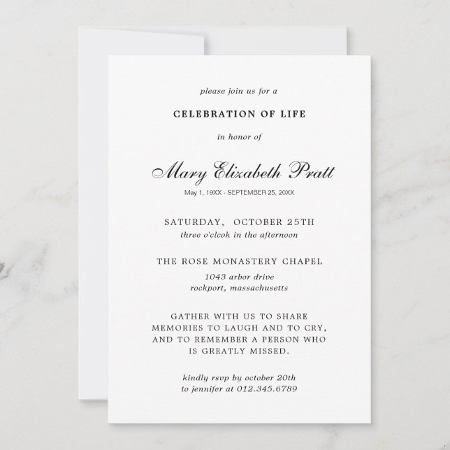 Celebration of Life Black White Elegant Funeral Invitation (Front)