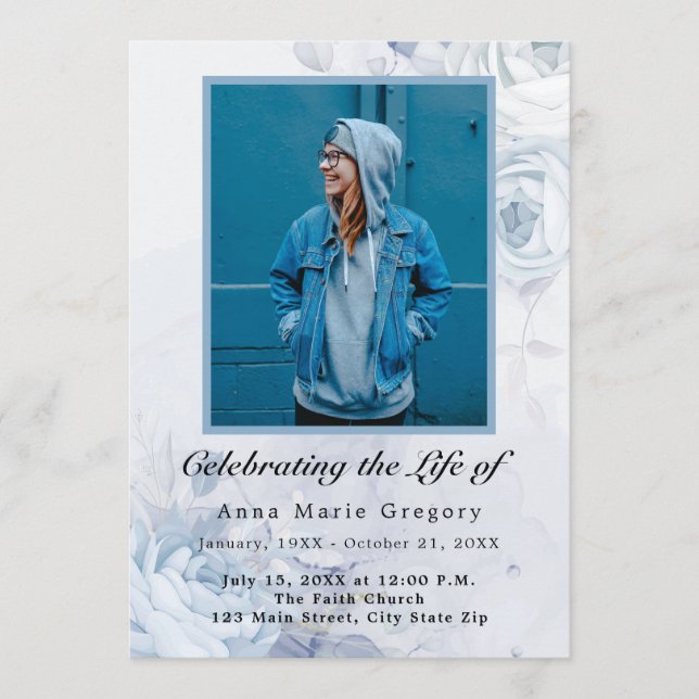 Celebration of Life Blue Photo Elegant Floral Programme (Front)