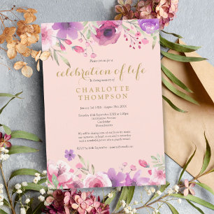 Celebration of Life Blush Pink Gold Floral Funeral Invitation