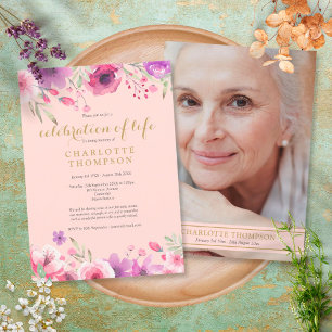 Celebration of Life Blush Pink Gold Floral Photo  Invitation