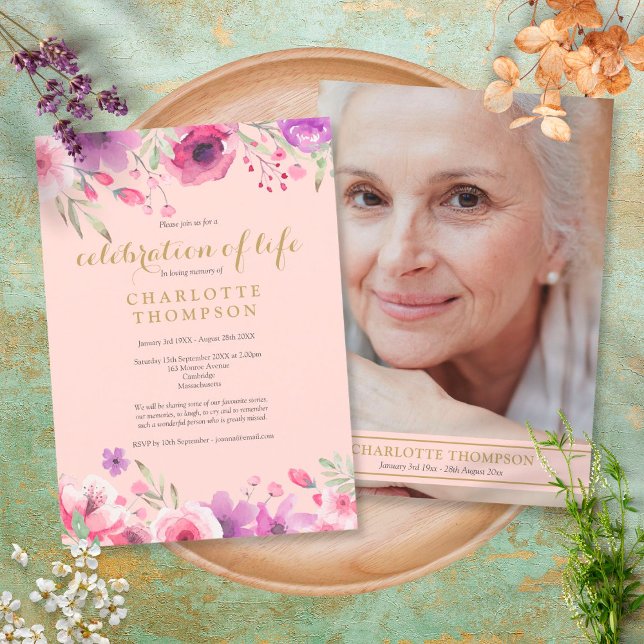 Celebration of Life Blush Pink Gold Floral Photo  Invitation (Creator Uploaded)